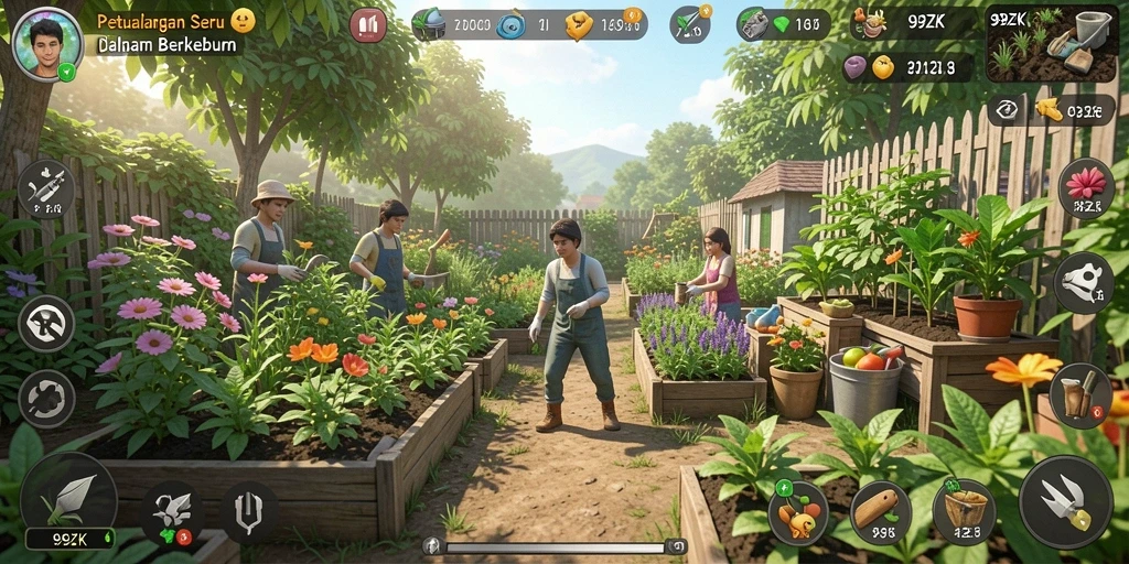 Tampilan gameplay seru berkebun di 99ZK dengan warna cerah dan aktivitas yang dinamis.