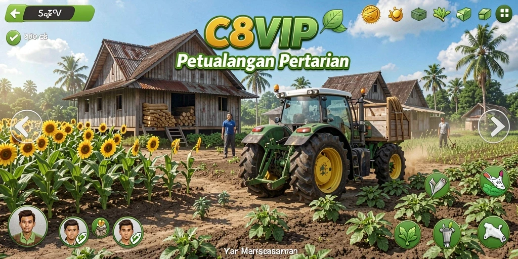 Screenshot C8VIP menampilkan ladang indah dan aktivitas bercocok tanam.