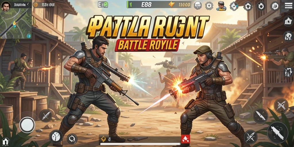 Screenshot utama E88 menunjukkan aksi pertarungan Battle Royale yang mendebarkan.