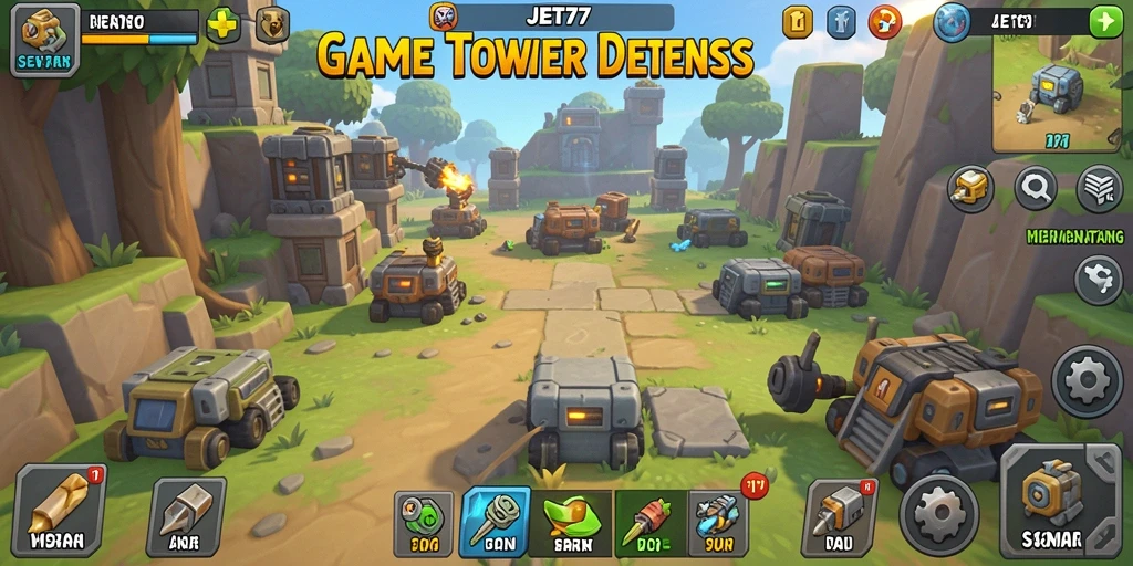 Tangkapan layar JET77 menunjukkan intensitas pertempuran Tower Defense yang mendebarkan.