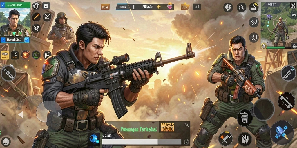 Screenshot gameplay MG525 menampilkan aksi menegangkan dalam pertempuran Battle Royale.