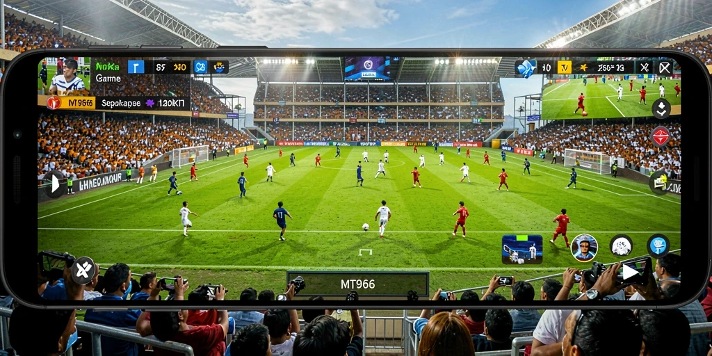 Tampilan gameplay MT966 dengan aksi seru sepak bola.