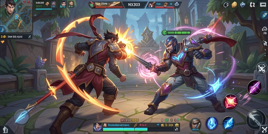 Screenshot gameplay NX303 menampilkan aksi dinamis dalam pertempuran MOBA.