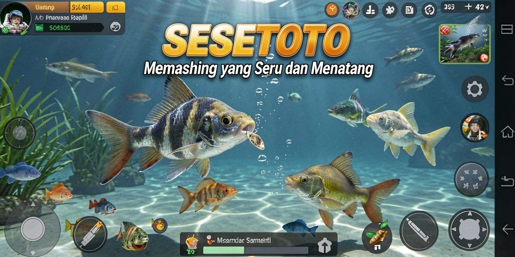 Screenshot SESETOTO menampilkan pemain yang menangkap ikan di laut yang indah.